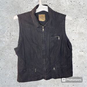 AMI Vest Vintage Black Pockets Linen Cotton Zip Up Size Large Western Country
